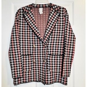 Joie‎ Houndstooth Double Breasted Blazer Pink Black White Gold Buttons XS